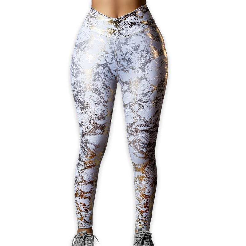 New Curves White-Gold Leggings Premium Colombian Fabric Push Up (Levanta Cola) Yoga Zumba